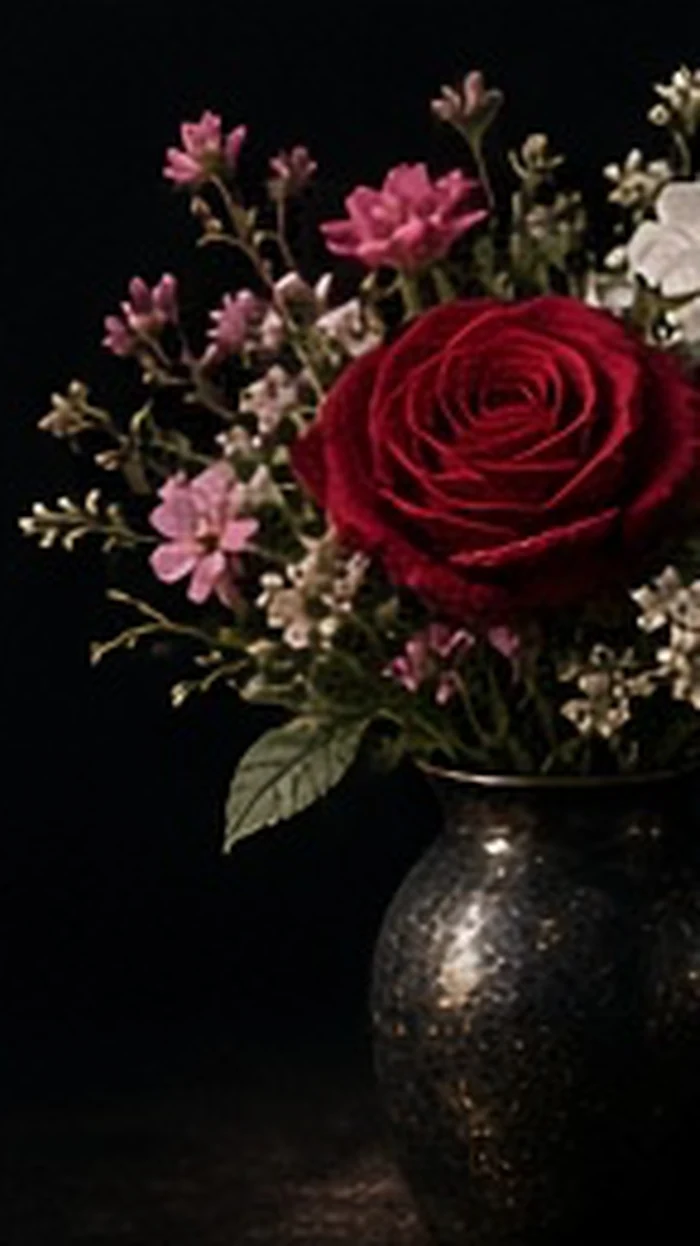 Deep red bouquet in a dark vase at night