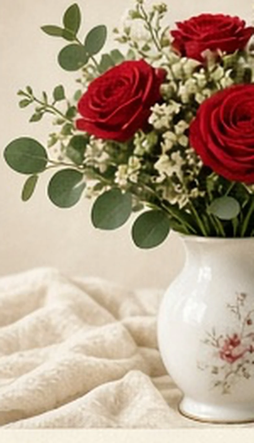 Bouquet of red roses in a white porcelain vase